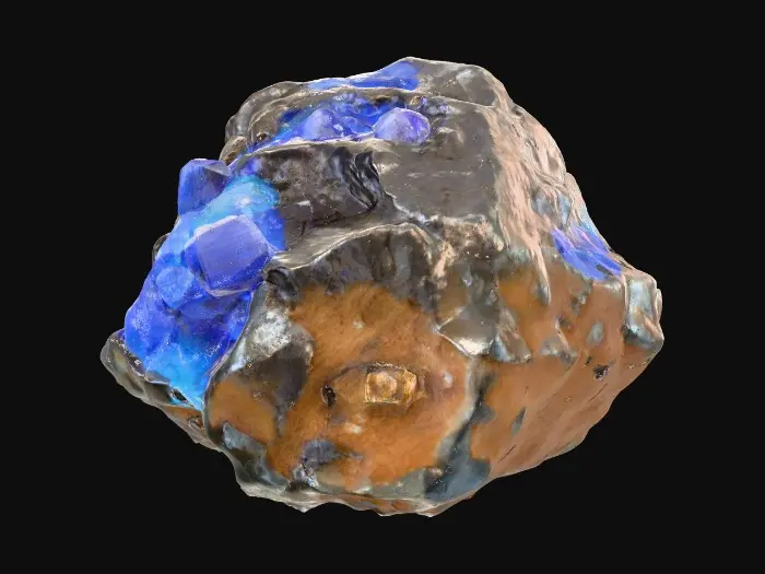 3D model for A raw, unrefined crystal ore rock, combining a rugged, dark grey or earthy brown matrix with visible veins and clusters of translucent crystals. The rock portion features a rough, porous texture, while the embedded crystals showcase smooth, sharp facets and angular, geometric forms. These crystalline growths range from deep sapphire to amethyst and vibrant aquamarine, reflecting blue light with an internal glow and feeling cool and slick to the touch amidst the abrasive stone.