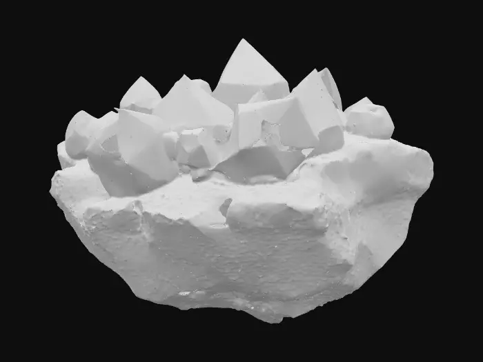 3D model for A raw, unrefined crystal ore rock, combining a rugged, dark grey or earthy brown matrix with visible veins and clusters of translucent crystals. The rock portion features a rough, porous texture, while the embedded crystals showcase smooth, sharp facets and angular, geometric forms. These crystalline growths range from deep sapphire to amethyst and vibrant aquamarine, reflecting blue light with an internal glow and feeling cool and slick to the touch amidst the abrasive stone.