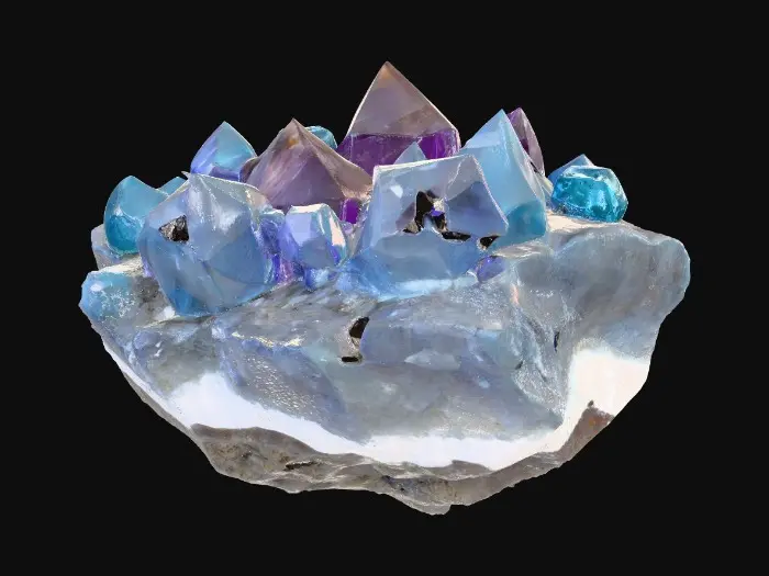 3D model for A raw, unrefined crystal ore rock, combining a rugged, dark grey or earthy brown matrix with visible veins and clusters of translucent crystals. The rock portion features a rough, porous texture, while the embedded crystals showcase smooth, sharp facets and angular, geometric forms. These crystalline growths range from deep sapphire to amethyst and vibrant aquamarine, reflecting blue light with an internal glow and feeling cool and slick to the touch amidst the abrasive stone.