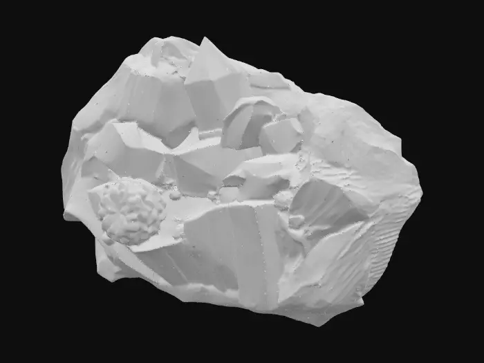 3D model for A raw, unrefined crystal ore rock, combining a rugged, dark grey or earthy brown matrix with visible veins and clusters of translucent crystals. The rock portion features a rough, porous texture, while the embedded crystals showcase smooth, sharp facets and angular, geometric forms. These crystalline growths could range from clear quartz to deep amethyst or vibrant aquamarine, reflecting light with an internal glow and feeling cool and slick to the touch amidst the abrasive stone.