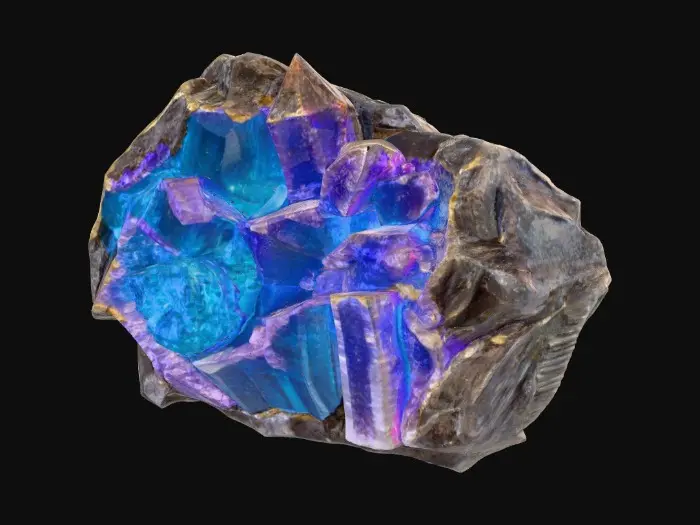 3D model for A raw, unrefined crystal ore rock, combining a rugged, dark grey or earthy brown matrix with visible veins and clusters of translucent crystals. The rock portion features a rough, porous texture, while the embedded crystals showcase smooth, sharp facets and angular, geometric forms. These crystalline growths could range from clear quartz to deep amethyst or vibrant aquamarine, reflecting light with an internal glow and feeling cool and slick to the touch amidst the abrasive stone.