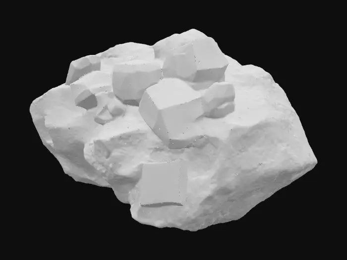 3D model for A raw, unrefined crystal ore rock, combining a rugged, dark grey or earthy brown matrix with visible veins and clusters of translucent crystals. The rock portion features a rough, porous texture, while the embedded crystals showcase smooth, sharp facets and angular, geometric forms. These crystalline growths could range from clear quartz to deep amethyst or vibrant aquamarine, reflecting light with an internal glow and feeling cool and slick to the touch amidst the abrasive stone.