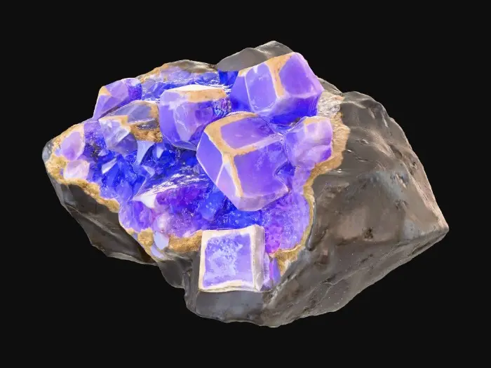 3D model for A raw, unrefined crystal ore rock, combining a rugged, dark grey or earthy brown matrix with visible veins and clusters of translucent crystals. The rock portion features a rough, porous texture, while the embedded crystals showcase smooth, sharp facets and angular, geometric forms. These crystalline growths could range from clear quartz to deep amethyst or vibrant aquamarine, reflecting light with an internal glow and feeling cool and slick to the touch amidst the abrasive stone.