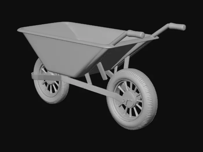 3D model for A rustic, two-wheeled wheelbarrow, heavily weathered and covered in deep, flaky orange and brown rust, giving its metal body and frame a pitted, rough texture. The sturdy rubber tires are dark grey with visible tread patterns and are mounted on rusty metal hubs. Wooden handles with a grooved texture complete the worn look. The wheelbarrow contains traces of dry dirt and is lit with soft, direct light against a dark, textured background.