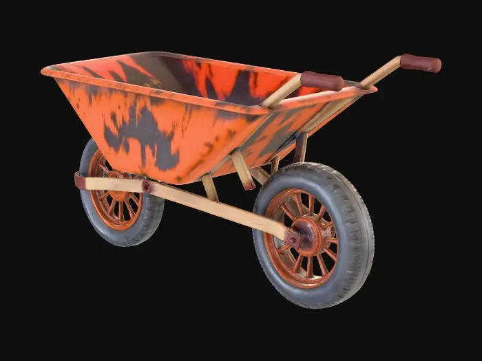 3D model for A rustic, two-wheeled wheelbarrow, heavily weathered and covered in deep, flaky orange and brown rust, giving its metal body and frame a pitted, rough texture. The sturdy rubber tires are dark grey with visible tread patterns and are mounted on rusty metal hubs. Wooden handles with a grooved texture complete the worn look. The wheelbarrow contains traces of dry dirt and is lit with soft, direct light against a dark, textured background.