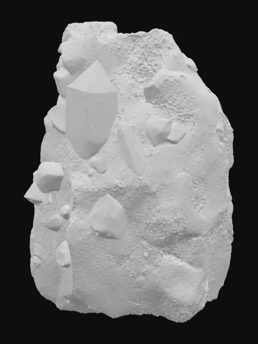 3D model for A raw, unrefined crystal ore rock, combining a rugged, dark grey or earthy brown matrix with visible veins and clusters of translucent crystals. The rock portion features a rough, porous texture, while the embedded crystals showcase smooth, sharp facets and angular, geometric forms. These crystalline growths could range from clear quartz to deep amethyst or vibrant aquamarine, reflecting light with an internal glow and feeling cool and slick to the touch amidst the abrasive stone.