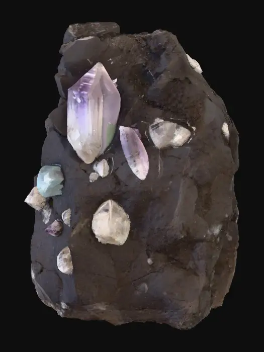 3D model for A raw, unrefined crystal ore rock, combining a rugged, dark grey or earthy brown matrix with visible veins and clusters of translucent crystals. The rock portion features a rough, porous texture, while the embedded crystals showcase smooth, sharp facets and angular, geometric forms. These crystalline growths could range from clear quartz to deep amethyst or vibrant aquamarine, reflecting light with an internal glow and feeling cool and slick to the touch amidst the abrasive stone.