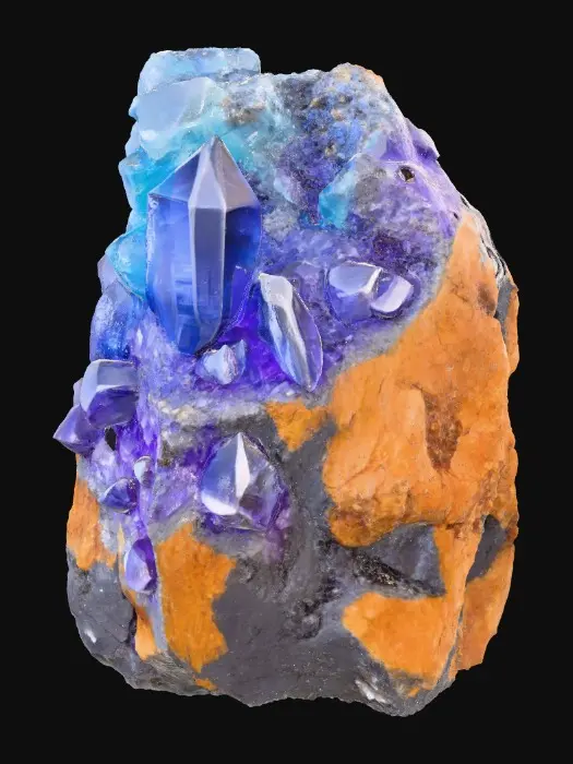 3D model for A raw, unrefined crystal ore rock, combining a rugged, dark grey or earthy brown matrix with visible veins and clusters of translucent crystals. The rock portion features a rough, porous texture, while the embedded crystals showcase smooth, sharp facets and angular, geometric forms. These crystalline growths could range from clear quartz to deep amethyst or vibrant aquamarine, reflecting light with an internal glow and feeling cool and slick to the touch amidst the abrasive stone.