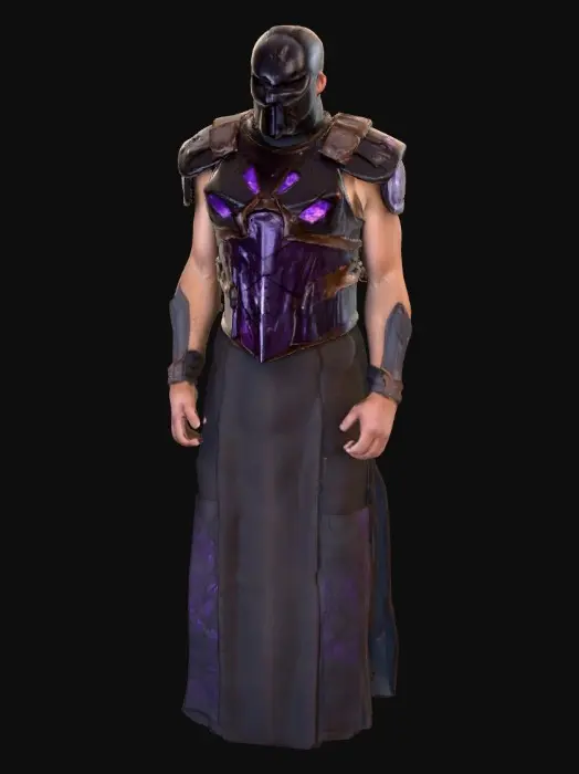 3D model for Dark geometric chestplate crafted from deep black iron mixed with obsidian shards. Angular armor panels reflect faint purple highlights and subtle cracks glowing with dim light. The design is rugged with layered square plating and thick shoulder guards shaped like beveled blocks. Chest center slightly recessed with embedded obsidian core. Brown leather straps cross the back with silver fasteners. Edges chipped and weathered, showing faint wear. Realistic PBR metal-stone-leather texture blend, moody cool lighting, Roblox-style chunky structure, detailed depth and surface roughness.
