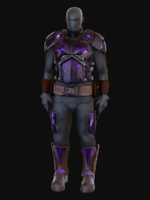 3D model for Dark geometric chestplate crafted from deep black iron mixed with obsidian shards. Angular armor panels reflect faint purple highlights and subtle cracks glowing with dim light. The design is rugged with layered square plating and thick shoulder guards shaped like beveled blocks. Chest center slightly recessed with embedded obsidian core. Brown leather straps cross the back with silver fasteners. Edges chipped and weathered, showing faint wear. Realistic PBR metal-stone-leather texture blend, moody cool lighting, Roblox-style chunky structure, detailed depth and surface roughness., #villain#
