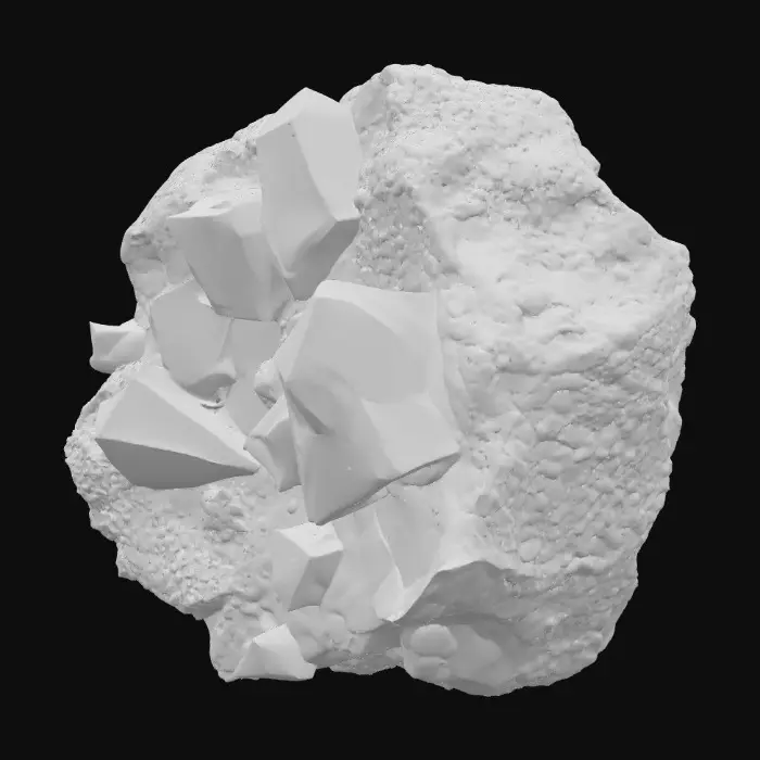 3D model for A raw, unrefined crystal ore rock, combining a rugged, dark grey or earthy brown matrix with visible veins and clusters of translucent crystals. The rock portion features a rough, porous texture, while the embedded crystals showcase smooth, sharp facets and angular, geometric forms. These crystalline growths could range from clear quartz to deep amethyst or vibrant aquamarine, reflecting light with an internal glow and feeling cool and slick to the touch amidst the abrasive stone.