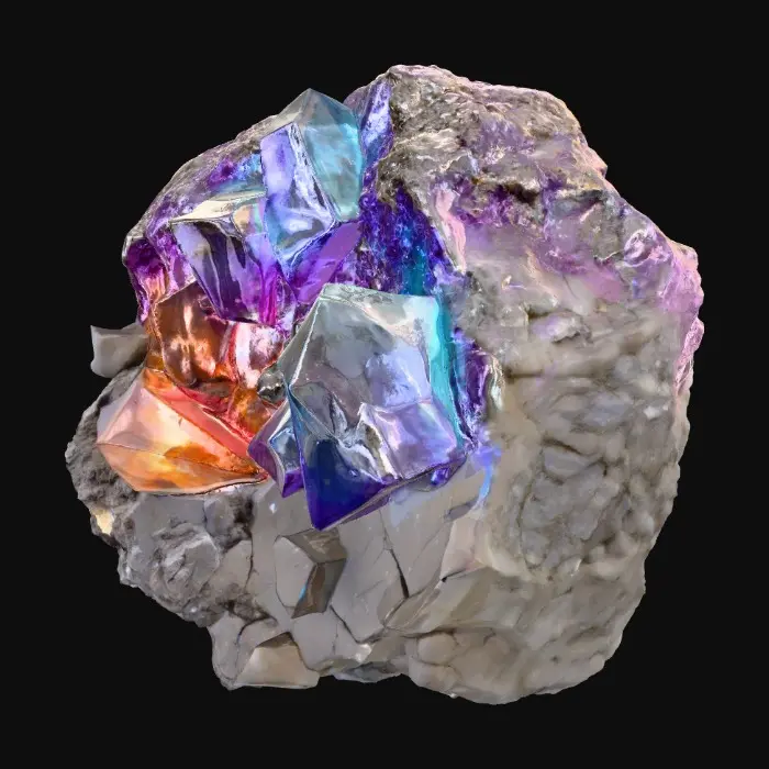 3D model for A raw, unrefined crystal ore rock, combining a rugged, dark grey or earthy brown matrix with visible veins and clusters of translucent crystals. The rock portion features a rough, porous texture, while the embedded crystals showcase smooth, sharp facets and angular, geometric forms. These crystalline growths could range from clear quartz to deep amethyst or vibrant aquamarine, reflecting light with an internal glow and feeling cool and slick to the touch amidst the abrasive stone.