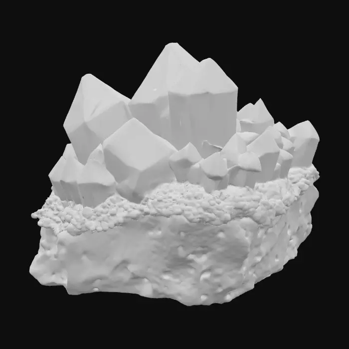 3D model for A raw, unrefined crystal ore rock, combining a rugged, dark grey or earthy brown matrix with visible veins and clusters of translucent crystals. The rock portion features a rough, porous texture, while the embedded crystals showcase smooth, sharp facets and angular, geometric forms. These crystalline growths could range from clear quartz to deep amethyst or vibrant aquamarine, reflecting light with an internal glow and feeling cool and slick to the touch amidst the abrasive stone.