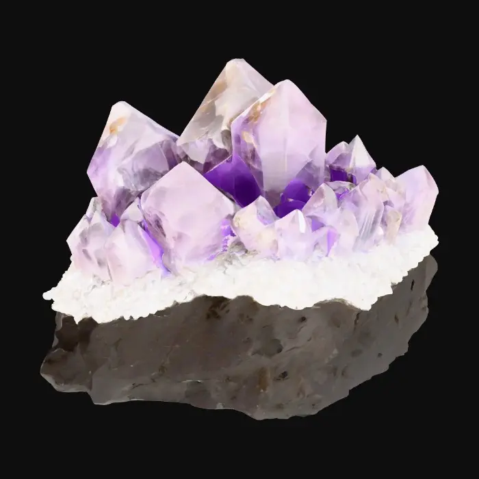 3D model for A raw, unrefined crystal ore rock, combining a rugged, dark grey or earthy brown matrix with visible veins and clusters of translucent crystals. The rock portion features a rough, porous texture, while the embedded crystals showcase smooth, sharp facets and angular, geometric forms. These crystalline growths could range from clear quartz to deep amethyst or vibrant aquamarine, reflecting light with an internal glow and feeling cool and slick to the touch amidst the abrasive stone.