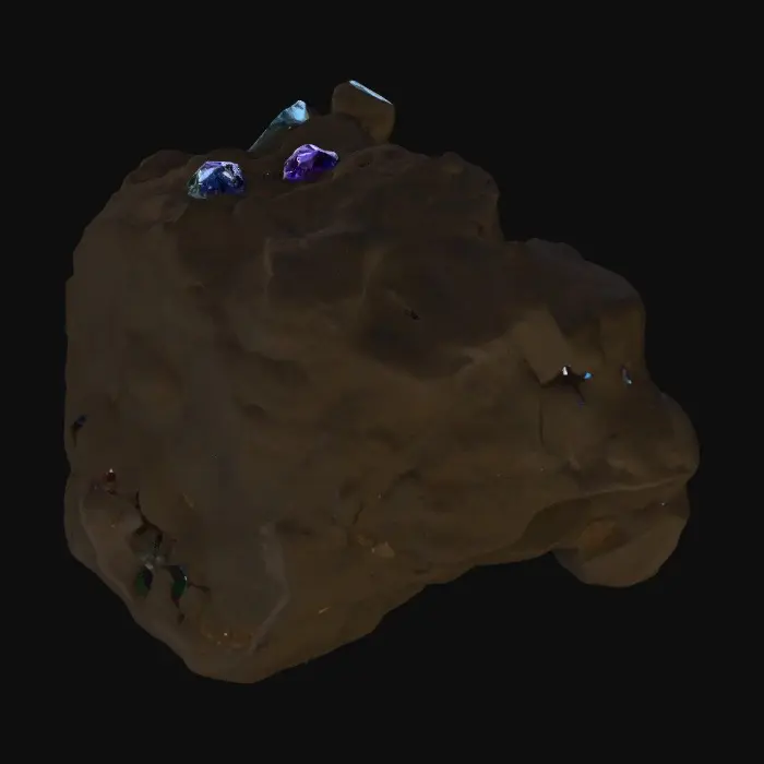 3D model for A raw, unrefined crystal ore rock, combining a rugged, dark grey or earthy brown matrix with visible veins and clusters of translucent crystals. The rock portion features a rough, porous texture, while the embedded crystals showcase smooth, sharp facets and angular, geometric forms. These crystalline growths range from deep sapphire to amethyst and vibrant aquamarine, reflecting blue light with an internal glow and feeling cool and slick to the touch amidst the abrasive stone.