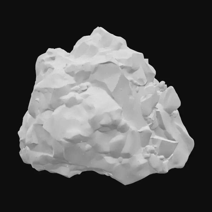 3D model for A raw, unrefined crystal ore rock, combining a rugged, dark grey or earthy brown matrix with visible veins and clusters of translucent crystals. The rock portion features a rough, porous texture, while the embedded crystals showcase smooth, sharp facets and angular, geometric forms. These crystalline growths could range from clear quartz to deep amethyst or vibrant aquamarine, reflecting light with an internal glow and feeling cool and slick to the touch amidst the abrasive stone.