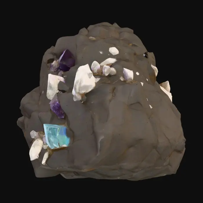 3D model for A raw, unrefined crystal ore rock, combining a rugged, dark grey or earthy brown matrix with visible veins and clusters of translucent crystals. The rock portion features a rough, porous texture, while the embedded crystals showcase smooth, sharp facets and angular, geometric forms. These crystalline growths could range from clear quartz to deep amethyst or vibrant aquamarine, reflecting light with an internal glow and feeling cool and slick to the touch amidst the abrasive stone.