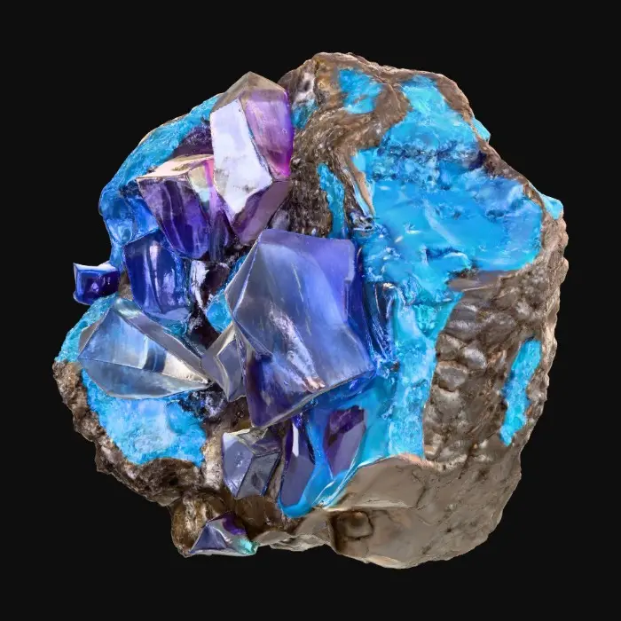 3D model for A raw, unrefined crystal ore rock, combining a rugged, dark grey or earthy brown matrix with visible veins and clusters of translucent crystals. The rock portion features a rough, porous texture, while the embedded crystals showcase smooth, sharp facets and angular, geometric forms. These crystalline growths could range from clear quartz to deep amethyst or vibrant aquamarine, reflecting light with an internal glow and feeling cool and slick to the touch amidst the abrasive stone.