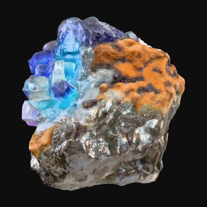 3D model for A raw, unrefined crystal ore rock, combining a rugged, dark grey or earthy brown matrix with visible veins and clusters of translucent crystals. The rock portion features a rough, porous texture, while the embedded crystals showcase smooth, sharp facets and angular, geometric forms. These crystalline growths could range from clear quartz to deep amethyst or vibrant aquamarine, reflecting light with an internal glow and feeling cool and slick to the touch amidst the abrasive stone.