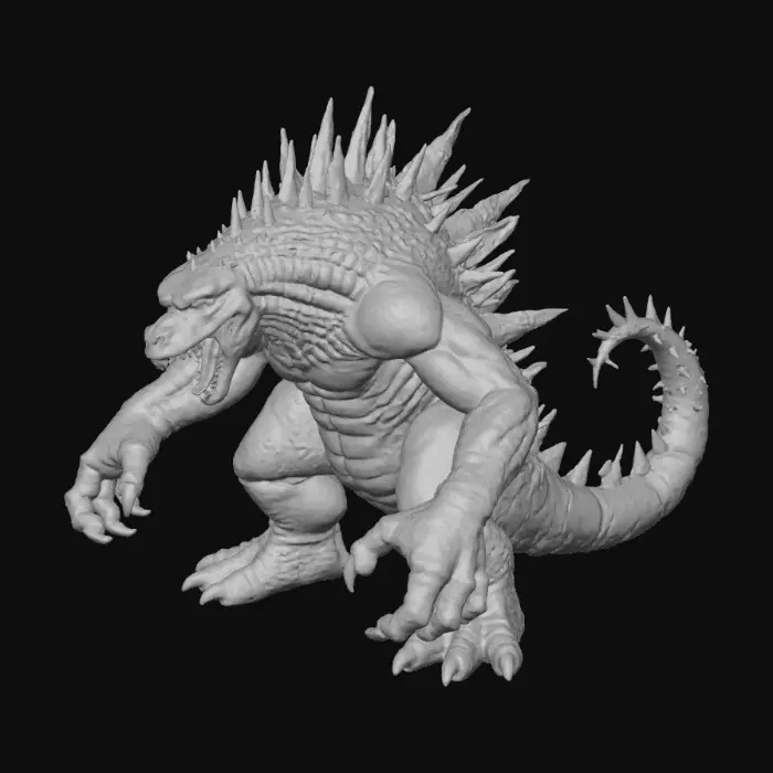 3D model for #villain#, A colossal Godzilla-like creature, its immense body entirely composed of viscous, shimmering dark green venomous slime. The reptilian form is somewhat amorphous, with goo dripping and pooling along its powerful bipedal structure, immense claws, and jagged dorsal fins. The slime has a translucent, wet texture, reflecting light with an oily sheen. Its monstrous head features a gaping maw with sharp, slick fangs, and the entire entity pulsates, feeling both squishy and incredibly massive.