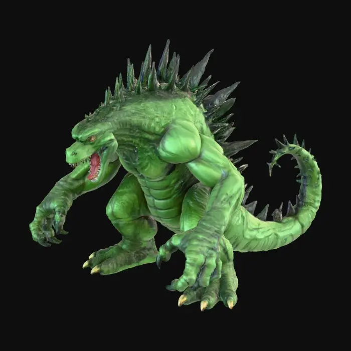 3D model for #villain#, A colossal Godzilla-like creature, its immense body entirely composed of viscous, shimmering dark green venomous slime. The reptilian form is somewhat amorphous, with goo dripping and pooling along its powerful bipedal structure, immense claws, and jagged dorsal fins. The slime has a translucent, wet texture, reflecting light with an oily sheen. Its monstrous head features a gaping maw with sharp, slick fangs, and the entire entity pulsates, feeling both squishy and incredibly massive.