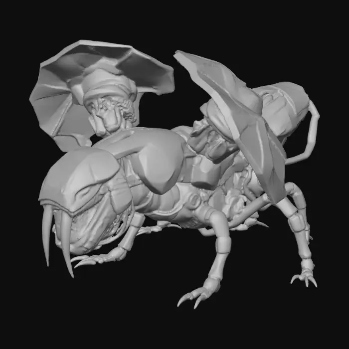3D model for An exceptionally long, low-poly cybernetic worm, its elongated, segmented body composed of dark, angular armor plates. The formidable head features a gaping maw, lined with multiple concentric rings of sharp, faceted teeth. Its robust structure has a rigid, metallic tactile quality, with exposed polygonal wiring glowing faintly blue. The entire model is rendered with hard edges, emphasizing its low-poly aesthetic, and the worm is depicted stretching across a desert environment, kicking up sand as it moves.,  IT IS A WORMM #Halloween2025#