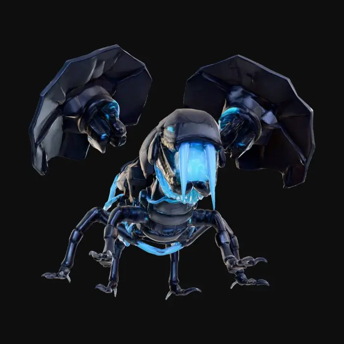 3D model for An exceptionally long, low-poly cybernetic worm, its elongated, segmented body composed of dark, angular armor plates. The formidable head features a gaping maw, lined with multiple concentric rings of sharp, faceted teeth. Its robust structure has a rigid, metallic tactile quality, with exposed polygonal wiring glowing faintly blue. The entire model is rendered with hard edges, emphasizing its low-poly aesthetic, and the worm is depicted stretching across a desert environment, kicking up sand as it moves.,  IT IS A WORMM #Halloween2025#