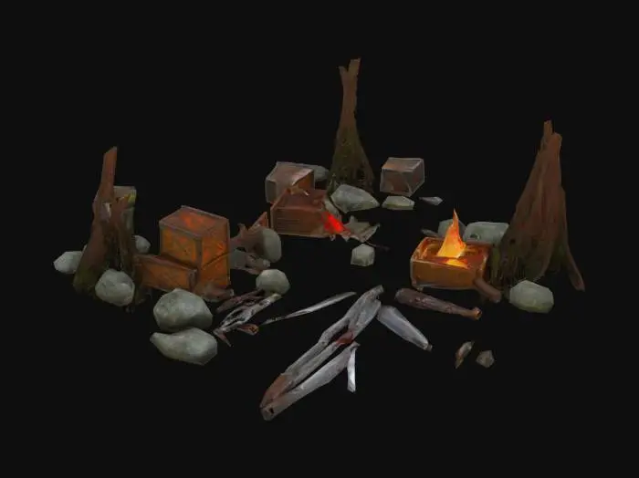3D model for 7x7m Fantasy battle aftermath scene. Discarded weapons—rusty swords, dented shields, broken spears—scattered across mossy ground. Pieces of torn armor and shredded cloaks lying near blood-stained rocks and cracked tree roots. Arrowheads embedded in tree trunks and shattered crates spilled across the trail. Magical glyphs glowing faintly on damaged stones nearby. Smoke wisps rising from a burnt-out campfire. Footprints, drag marks, and scorch patterns hint at a fierce ambush. stylized realism; optimized for immersive tabletop dungeon and dragon fantasy builds.

