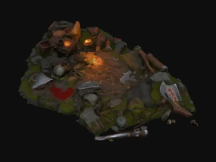 3D model for 7x7m Fantasy battle aftermath scene. Discarded weapons—rusty swords, dented shields, broken spears—scattered across mossy ground. Pieces of torn armor and shredded cloaks lying near blood-stained rocks and cracked tree roots. Arrowheads embedded in tree trunks and shattered crates spilled across the trail. Magical glyphs glowing faintly on damaged stones nearby. Smoke wisps rising from a burnt-out campfire. Footprints, drag marks, and scorch patterns hint at a fierce ambush. stylized realism; optimized for immersive tabletop dungeon and dragon fantasy builds.
