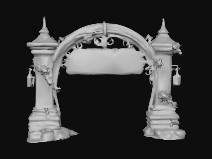 3D model for Create an entrance archway for an abandoned Fairytale theme park. 
A wide, semi-circular wrought iron arch supported by two cracked stone pillars. 
The ironwork is twisted and rusted, with decorative curls that once resembled vines now warped and broken.
The stone pillars are made of irregular, moss-covered stone/blocks, with deep cracks and missing chunks near. Vines creep up both sides, some dead, some still clinging.
A large, faded wooden sign hangs from the arch by rusty chains.
Tattered banners hang from the sides of the arch—once celebratory, now torn and tangled in vines.
Broken lanterns dangle from each pillar, their glass shattered, with one still faintly glowing.
