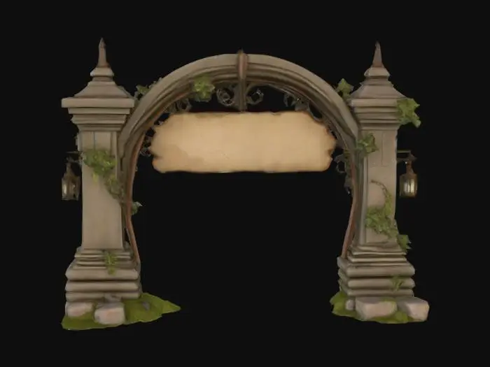 3D model for Create an entrance archway for an abandoned Fairytale theme park. 
A wide, semi-circular wrought iron arch supported by two cracked stone pillars. 
The ironwork is twisted and rusted, with decorative curls that once resembled vines now warped and broken.
The stone pillars are made of irregular, moss-covered stone/blocks, with deep cracks and missing chunks near. Vines creep up both sides, some dead, some still clinging.
A large, faded wooden sign hangs from the arch by rusty chains.
Tattered banners hang from the sides of the arch—once celebratory, now torn and tangled in vines.
Broken lanterns dangle from each pillar, their glass shattered, with one still faintly glowing.