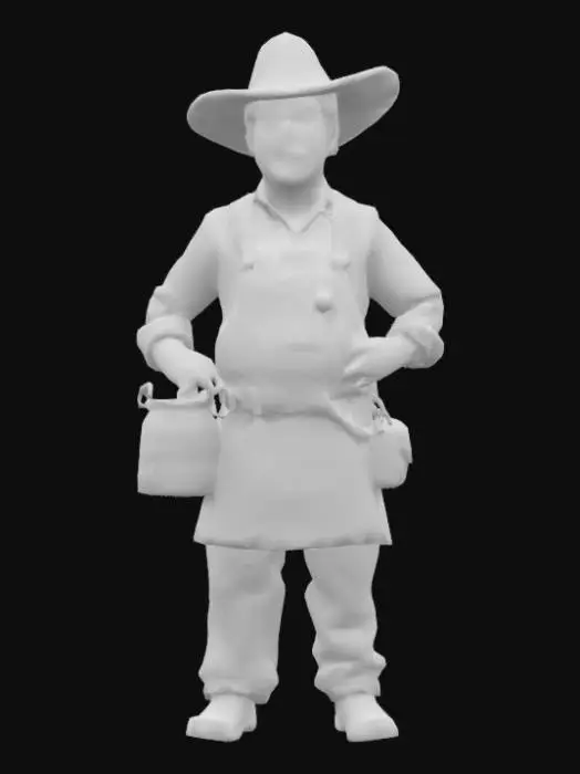 3D model for "Generate a high-resolution 3D model of Johnny Appleseed, reimagined as a present-day food cart vendor. He wears rustic yet practical attire—a worn denim apron over a plaid button-up shirt, with rolled-up sleeves and a straw hat tipped back on his head. His signature look includes an old metal cooking pot repurposed as a quirky decorative element.  Johnny’s expression is friendly, welcoming, and full of wisdom, embodying his legendary status as a wandering planter and storyteller. Ensure realistic proportions, rich textures, and a harmonious blend of traditional folklore and contemporary street food aesthetics for an immersive final model.
