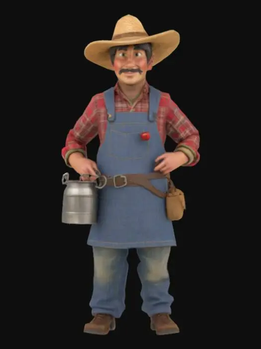 3D model for "Generate a high-resolution 3D model of Johnny Appleseed, reimagined as a present-day food cart vendor. He wears rustic yet practical attire—a worn denim apron over a plaid button-up shirt, with rolled-up sleeves and a straw hat tipped back on his head. His signature look includes an old metal cooking pot repurposed as a quirky decorative element.  Johnny’s expression is friendly, welcoming, and full of wisdom, embodying his legendary status as a wandering planter and storyteller. Ensure realistic proportions, rich textures, and a harmonious blend of traditional folklore and contemporary street food aesthetics for an immersive final model.

