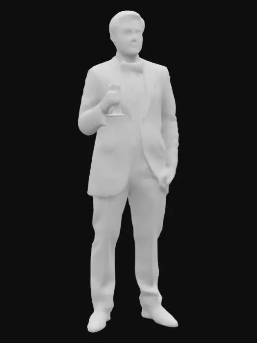 3D model for Create a detailed 3D character of Jay Gatsby from The Great Gatsby. He should exude wealth, charm, and mystery, dressed in a dapper 1920s tuxedo with peak lapels, polished shoes, and a pocket square. His slicked-back hair and confident smirk should reflect his enigmatic personality. The character should be well-groomed, with refined features and expressive eyes that hint at both ambition and longing. Include accessories like a gold signet ring and a champagne glass in hand. He should stand in a confident yet welcoming pose, as if preparing to host one of his legendary parties."