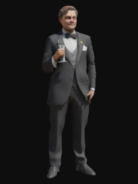 3D model for Create a detailed 3D character of Jay Gatsby from The Great Gatsby. He should exude wealth, charm, and mystery, dressed in a dapper 1920s tuxedo with peak lapels, polished shoes, and a pocket square. His slicked-back hair and confident smirk should reflect his enigmatic personality. The character should be well-groomed, with refined features and expressive eyes that hint at both ambition and longing. Include accessories like a gold signet ring and a champagne glass in hand. He should stand in a confident yet welcoming pose, as if preparing to host one of his legendary parties."