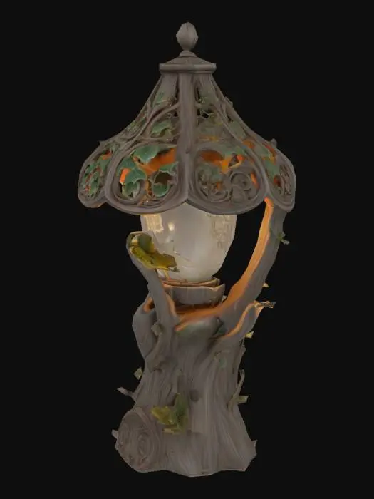 3D model for Create a highly detailed 3D model of a fairy tale-inspired lamp, designed as an enchanting display piece. The table lamp should have an elegant, vintage look—weathered wood with intricate carved details of ivy, vines, or enchanted symbols. The lamp should balance utility and decoration, serving as both a whimsical prop and a functional display piece.