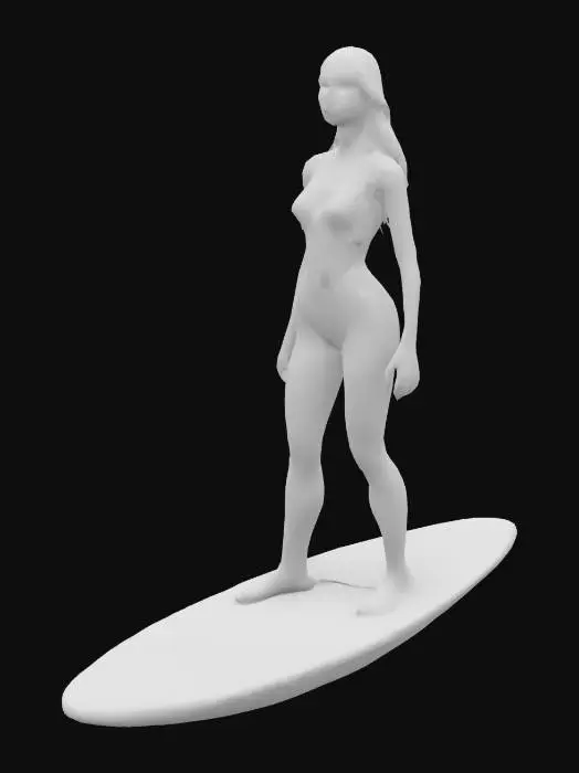 3D model for A young woman with an athletic build and toned limbs, clad in a sleek, form-fitting wetsuit. Her hair, perhaps long and wet, frames a focused expression. She stands dynamically on a narrow, polished surfboard, which has a smooth, slightly convex deck and a sharp fin. The board's surface might be a vibrant color with subtle non-slip textures. Her posture is balanced, leaning subtly into the wave, conveying a sense of agile strength. #arch#