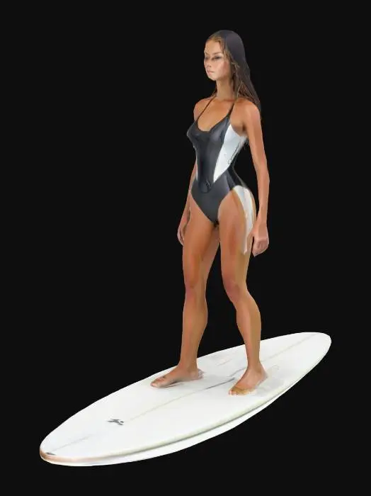 3D model for A young woman with an athletic build and toned limbs, clad in a sleek, form-fitting wetsuit. Her hair, perhaps long and wet, frames a focused expression. She stands dynamically on a narrow, polished surfboard, which has a smooth, slightly convex deck and a sharp fin. The board's surface might be a vibrant color with subtle non-slip textures. Her posture is balanced, leaning subtly into the wave, conveying a sense of agile strength. #arch#