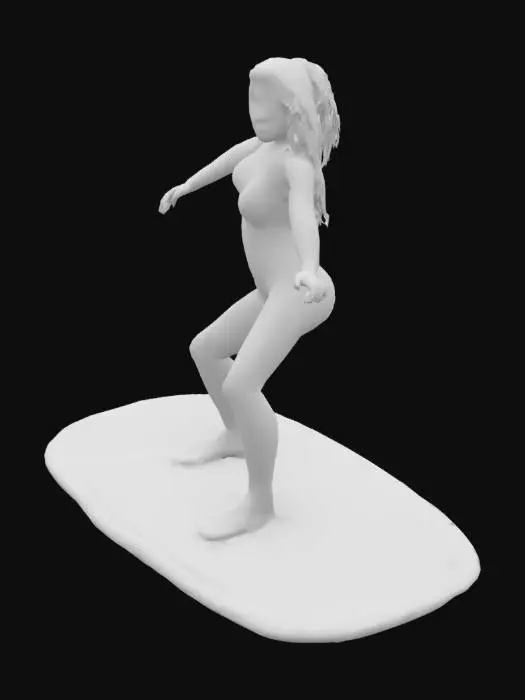 3D model for A young woman with an athletic build and toned limbs, clad in a sleek, form-fitting wetsuit. Her hair, perhaps long and wet, frames a focused expression. She stands dynamically on a narrow, polished surfboard, which has a smooth, slightly convex deck and a sharp fin. The board's surface might be a vibrant color with subtle non-slip textures. Her posture is balanced, leaning subtly into the wave, conveying a sense of agile strength. #arch#