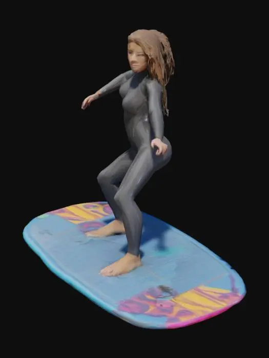 3D model for A young woman with an athletic build and toned limbs, clad in a sleek, form-fitting wetsuit. Her hair, perhaps long and wet, frames a focused expression. She stands dynamically on a narrow, polished surfboard, which has a smooth, slightly convex deck and a sharp fin. The board's surface might be a vibrant color with subtle non-slip textures. Her posture is balanced, leaning subtly into the wave, conveying a sense of agile strength. #arch#