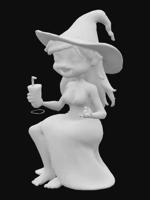 3D model for Generate a low-poly, stylized sculpture of a witch in a sitting position. The witch is on vacation. She is bare footed and has her skirt pulled up to her knees in anticipation of soaking her feet. The style should be whimsical. The geometry should be optimized for low land impact in Second Life. She could also have a drink in her hand."