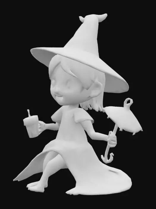 3D model for Generate a low-poly, stylized sculpture of a witch in a sitting position. The witch is on vacation. She is bare footed and has her skirt pulled up to her knees in anticipation of soaking her feet. The style should be whimsical. The geometry should be optimized for low land impact in Second Life. She could also have a drink in her hand."