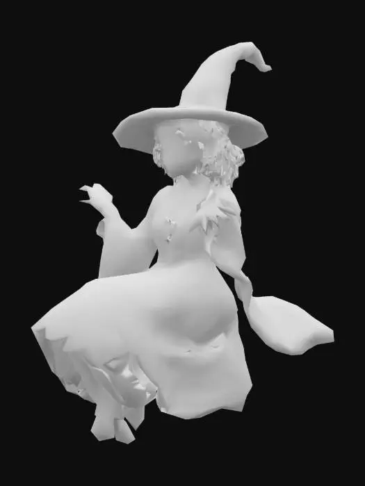 3D model for A whimsical female witch suspended mid-air in a seated flying pose, as if she were sitting on her broom. The scene should suggest that she is sitting on her broom without including any visible object or broom under her. Emphasize her posture to convey that she is riding invisibly. --no broom --no visible mount --no broomstick
