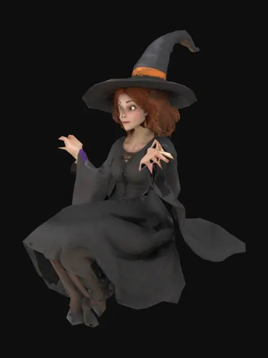 3D model for A whimsical female witch suspended mid-air in a seated flying pose, as if she were sitting on her broom. The scene should suggest that she is sitting on her broom without including any visible object or broom under her. Emphasize her posture to convey that she is riding invisibly. --no broom --no visible mount --no broomstick
