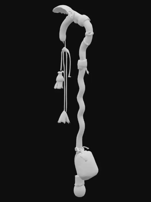 3D model for create a shepherd's crook for a witch. This witch herds cats so the staff needs to have things like a dangling cat toy, feather, bag of catnip, and anything else a shepherd would use to herd cats. 
