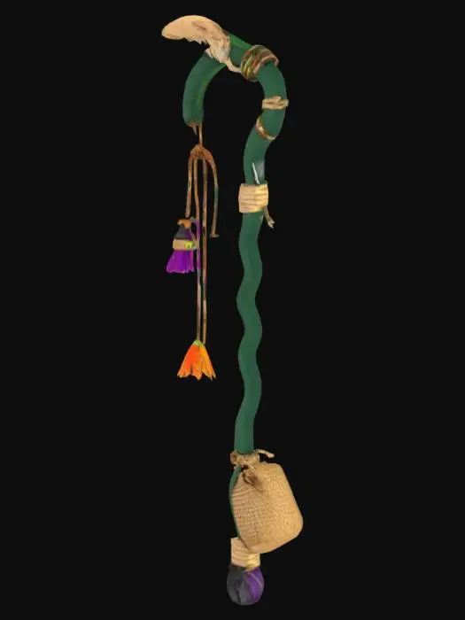 3D model for create a shepherd's crook for a witch. This witch herds cats so the staff needs to have things like a dangling cat toy, feather, bag of catnip, and anything else a shepherd would use to herd cats. 

