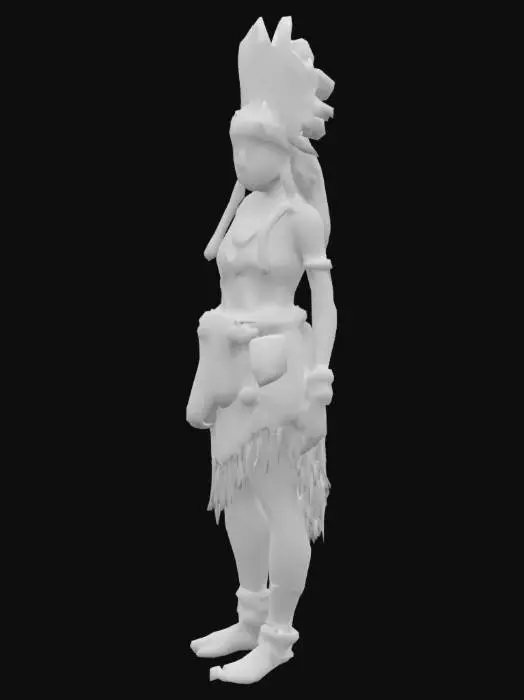 3D model for Create a stylized 3D character inspired by the ancient Anasazi (Ancestral Puebloan) culture. The character should wear traditional elements such as woven textiles, turquoise accents, and natural fibers, with motifs drawn from cliff dwellings and petroglyphs. Their skin is sun-weathered, with a wise and serene expression. Incorporate ceremonial details like a feathered headdress or talismanic pouch. 