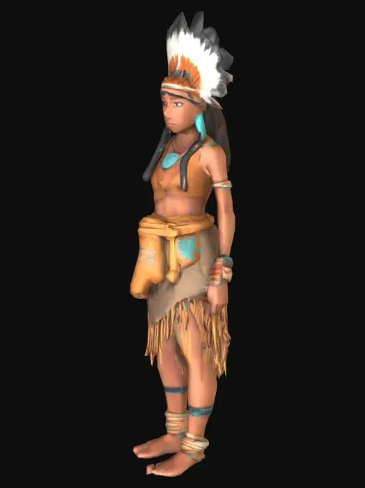 3D model for Create a stylized 3D character inspired by the ancient Anasazi (Ancestral Puebloan) culture. The character should wear traditional elements such as woven textiles, turquoise accents, and natural fibers, with motifs drawn from cliff dwellings and petroglyphs. Their skin is sun-weathered, with a wise and serene expression. Incorporate ceremonial details like a feathered headdress or talismanic pouch. 