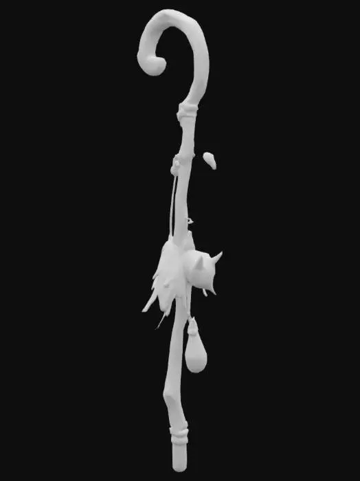 3D model for create a shepherd's crook for a witch. This witch herds cats so the staff needs to have things like a dangling cat toy, feather, bag of catnip, and anything else a shepherd would use to herd cats. 
