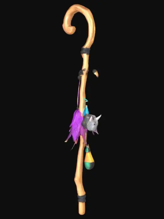 3D model for create a shepherd's crook for a witch. This witch herds cats so the staff needs to have things like a dangling cat toy, feather, bag of catnip, and anything else a shepherd would use to herd cats. 
